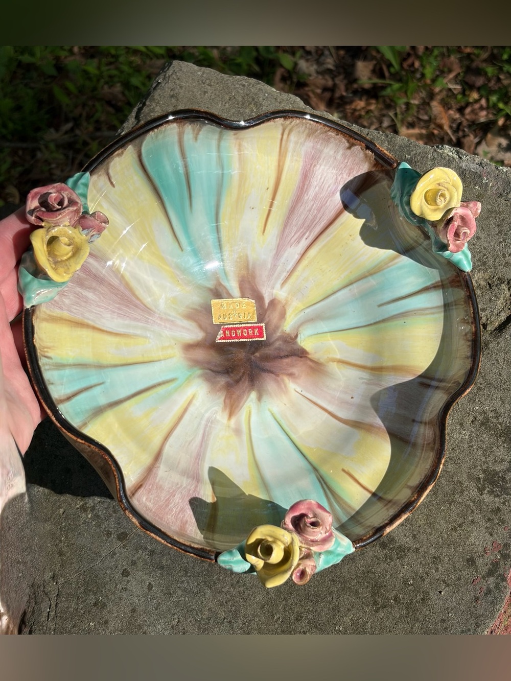 Austrian Anowork art pottery bowl w/ multi -colored drip glaze. New